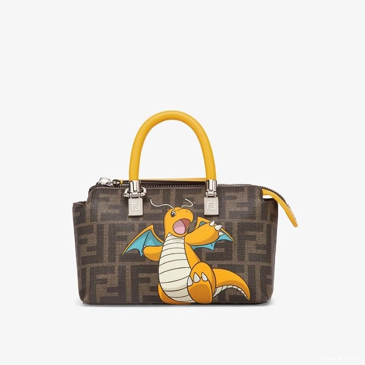 HOT By The Way Mini Dragon FF Fendi Brown In Fabric Boston Yellow Bag Pokmon Motif 0709